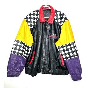 Vintage 90s Leather Patchwork Colorblock Racing Checkered Jacket Mens Unisex XL